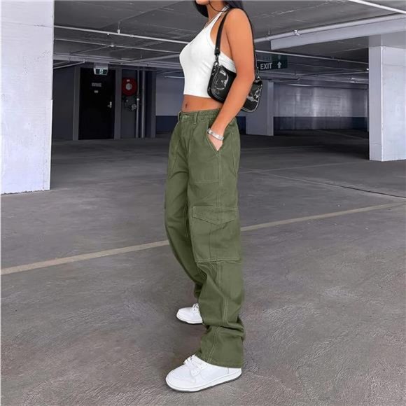 Women's Cargo Pants High Waisted Casual Baggy Stretchy Wide Leg with 6 Pockets - Picture 3 of 6